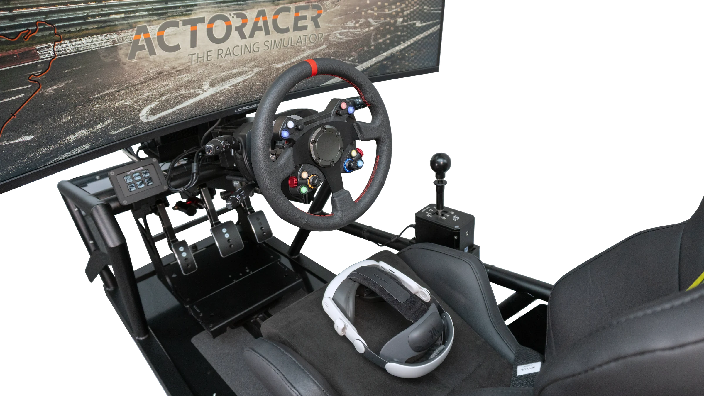 Professioneller Fahrsimulator mit Lenkrad, Pedalen und Curved-Monitor bei DRIVE ARENA Frankfurt